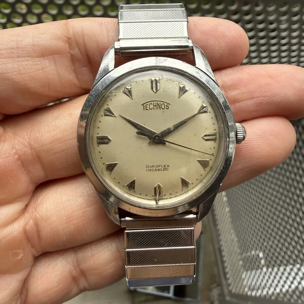 Vintage Technos Duroflex Stainless Steel Manual Wind Men’s Wrist Watch